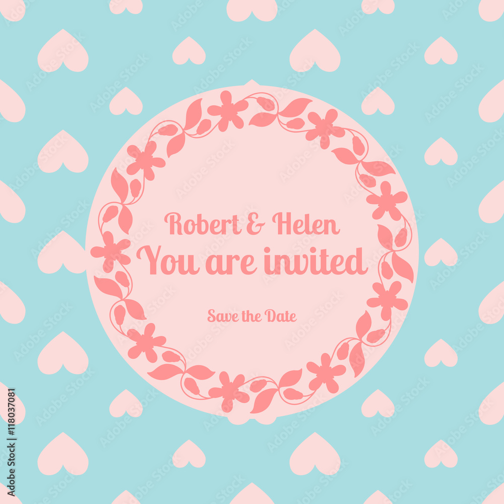 Wedding card template decorated cute pattern with floral frame. Vector illustration