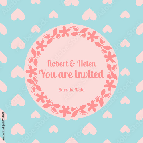 Wedding card template decorated cute pattern with floral frame. Vector illustration