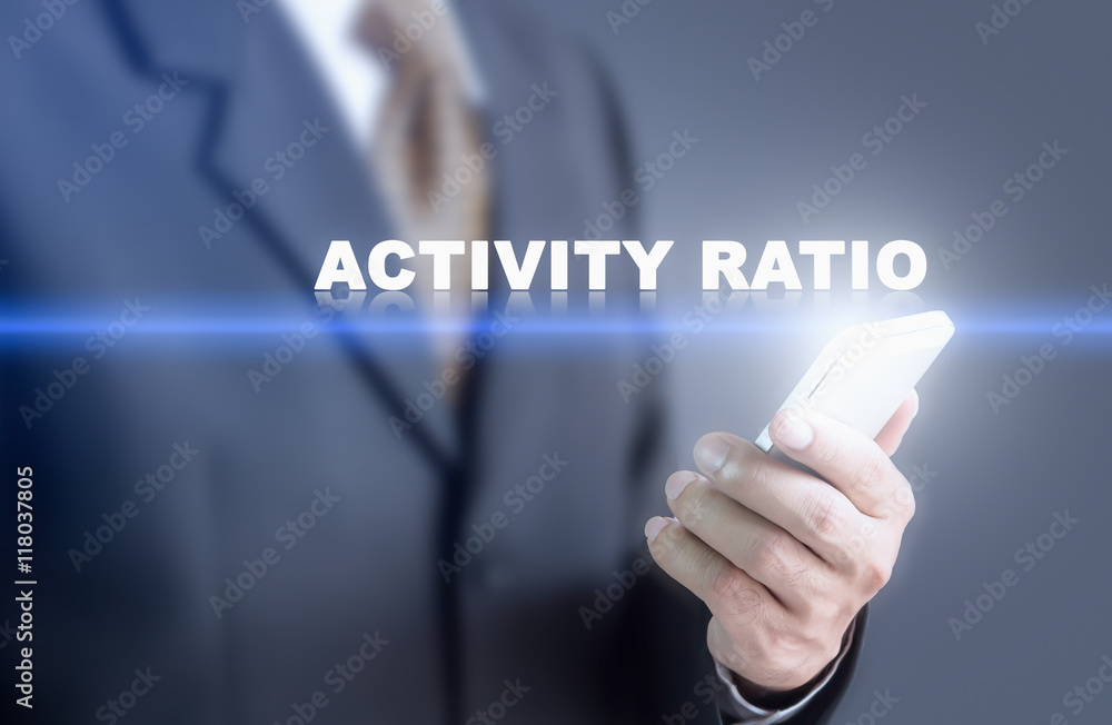 Businessman pressing hand Activity Ratio word on virtual screen. Can bring to the medium of your ad. Businessman pressing hand Activity Ratio word on virtual screen. Can bring to the medium of your ad.