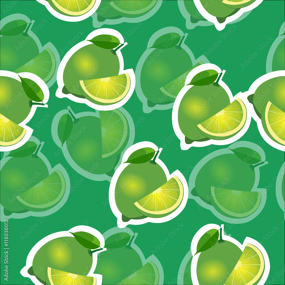 Pattern. lime and leaves and slises same sizes on green background. Transparency lime. Pattern. lime and leaves and slises same sizes on green background. Transparency lime.