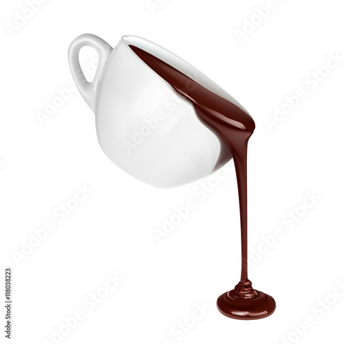  Chocolate flow from cup isolated on white background close up