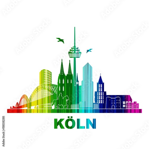 Köln Panorama Skyline Wandtatoo Sehenswürdigkeiten Kölner Dom Hohenzollernbrücke Rathaus Triangle Stadtansicht Städtetour Tourismus schwarz weiß Hintergrund Altstadt modern