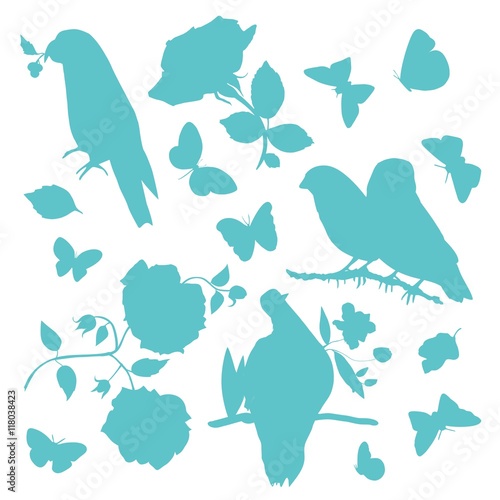 Set of vector silhouettes of birds, butterflies, and rose branch