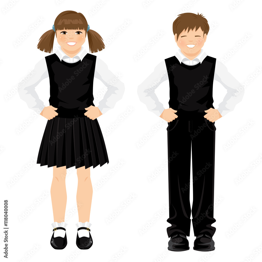 Vector illustration young school girl and boy in uniform isolated on white background Vector illustration young school girl and boy in uniform isolated on white background