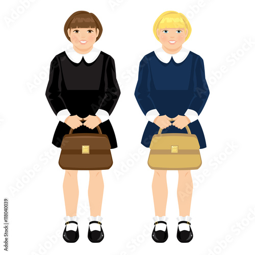 Vector illustration young school girl in formal dress with white collar holding bag.