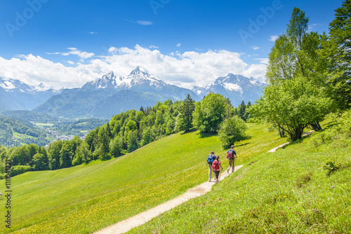 Hiker on trail above Berchtesgaden, Bavaria, Germany