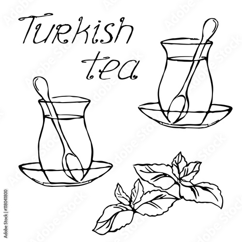 pencil sketch of Turkish tea cups with mint