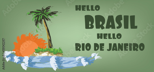 Hello brasil card with palm trees, sun and water design over green background, in outlines. Digital vector image