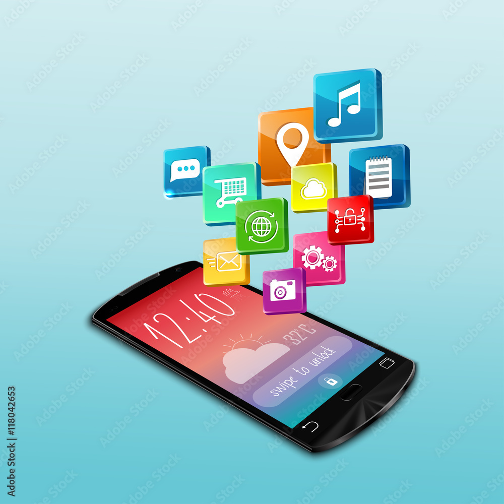 Black smartphone with application icons on white background Black smartphone with application icons on white background