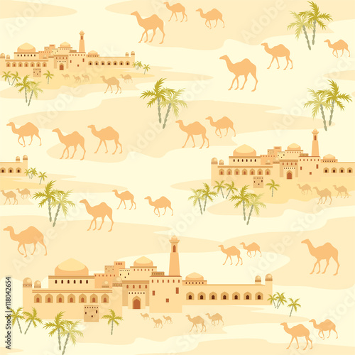 Islamic seamless pattern with the image of the ancient Middle Eastern city. A mirage in the desert.
