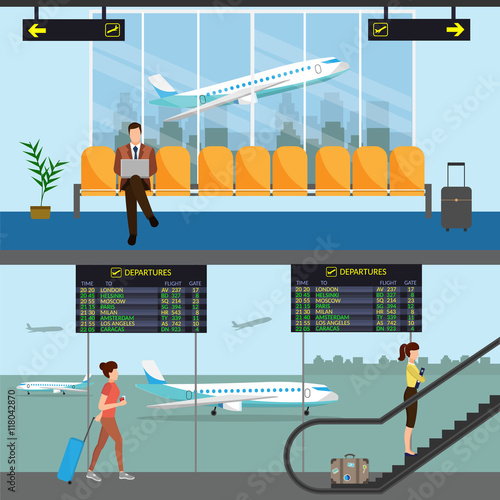 Airport passenger terminal and waiting room. International arrival and departures background vector illustration infographic