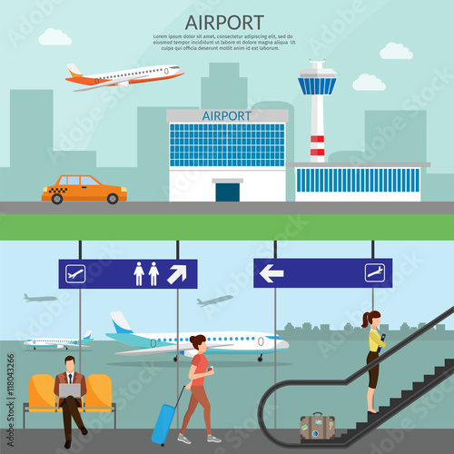 Airport passenger terminal and waiting room. International arrival and departures background vector illustration infographic