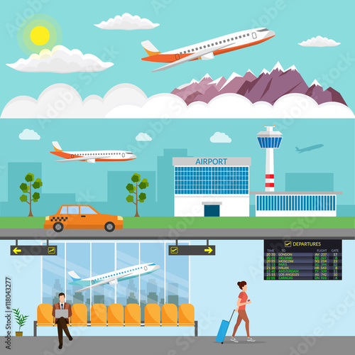 Airport passenger terminal and waiting room. International arrival and departures background vector illustration infographic