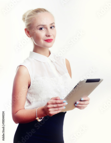 Closeup portrait, young professional, beautiful in blue shirt, arms crossed folded, smiling isolated indoors office background. Positive human emotions