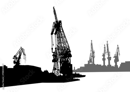 Cargo cranes in the seaport on white background