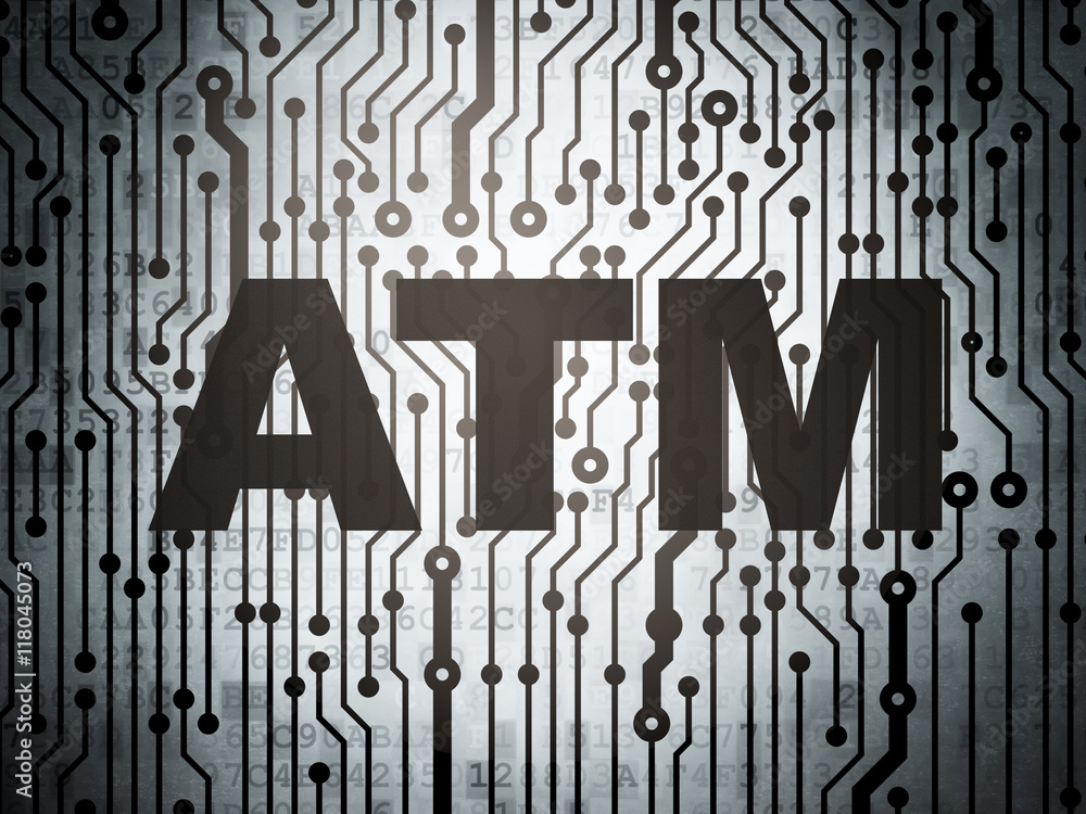 Currency concept: circuit board with ATM Currency concept: circuit board with ATM
