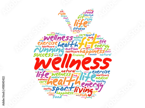 Wellness apple word cloud collage, health concept background