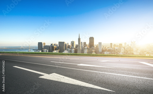 cityscape and skyline of san francisco from empty road