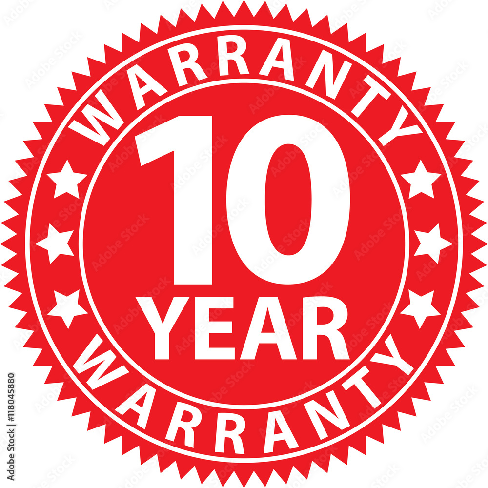 10 year warranty red sign, vector illustration