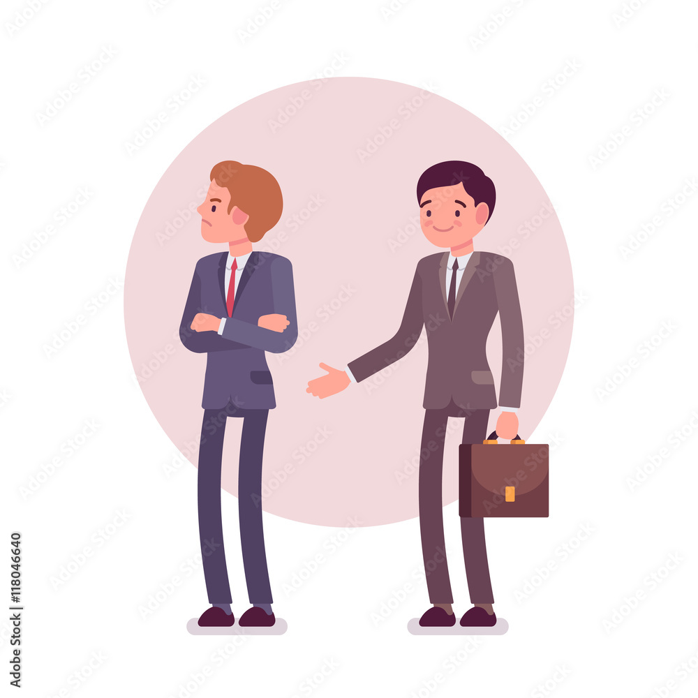 Rejection of handshake. Two men in a formal wear. Cartoon vector flat-style business concept illustration Rejection of handshake. Two men in a formal wear. Cartoon vector flat-style business concept illustration