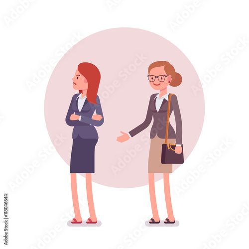 Rejection of handshake. Two women in a formal wear. Cartoon vector flat-style business concept illustration