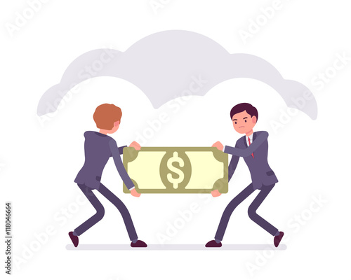 Two businessmen are pulling the papernote to each other. Cartoon vector flat-style business concept illustration
