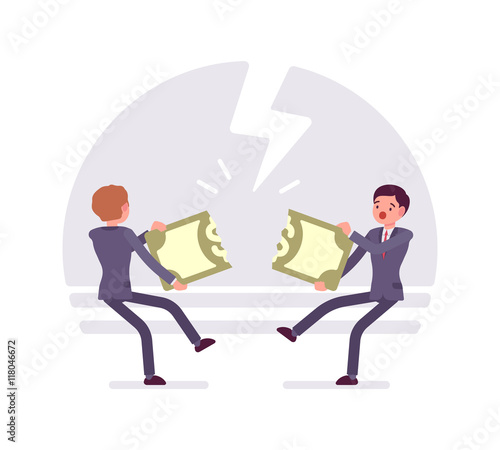 Two businessmen are pulling the papernote to each other and tearing it. Thunder background, characters are about to fall down. Cartoon vector flat-style business concept illustration