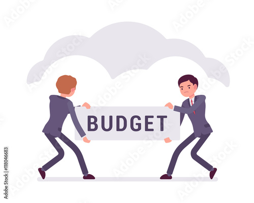 Two businessmen are pulling the budget to each other. Cartoon vector flat-style business concept illustration © andrew_rybalko