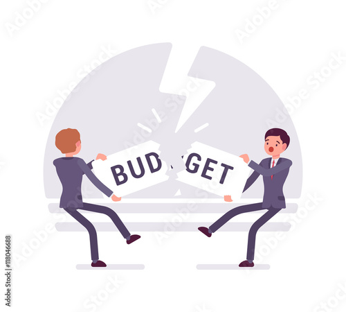 Two businessmen are pulling the word budget to each other and tearing it. Thunder background, characters are about to fall down. Cartoon vector flat-style business concept illustration
