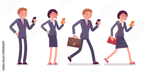 Office workers with smartphones. Men and women in a formal wear. The set of characters isolated against the white background. Cartoon vector flat-style business illustration