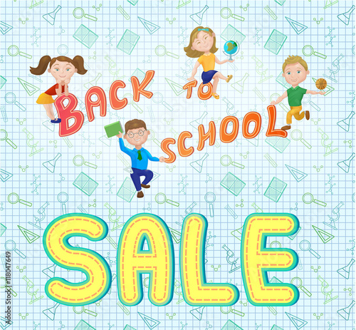 Cute cartoon schoolkids. Back to school sale concept  banner  po