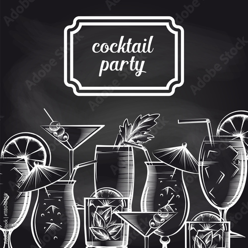 Cocktail party chalkboard background with hand drawn drinks vector
