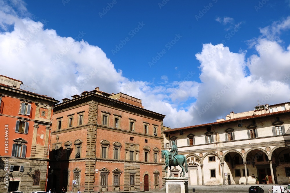 Piazza della Santissima Annunziata and Statue Ferdinando 1. de Medic in Florence, Italy