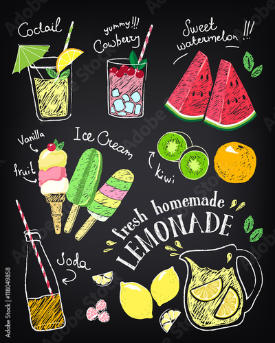 Set of hand drawn stickers and icons of summer food and drink. Vector illustrations for beach restaurant and bar menu, vacation and party. Ice cream. Sketch on chalkboard