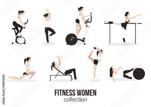 Fitness woman cartoon flat icons isolated on white background. Woman gym template for banner, flyer, poster. Sport woman in various poses.