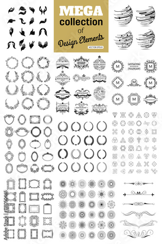 Mega collection of design elements hand gestures, sphere, hipster logo, floral wreaths, restaurant logo, monogram, vintage frame, laurel wreaths, sun signs, book border.
