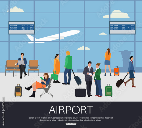 People waiting for plane in an airport terminal. Businessman reading the news in the airport lounge.