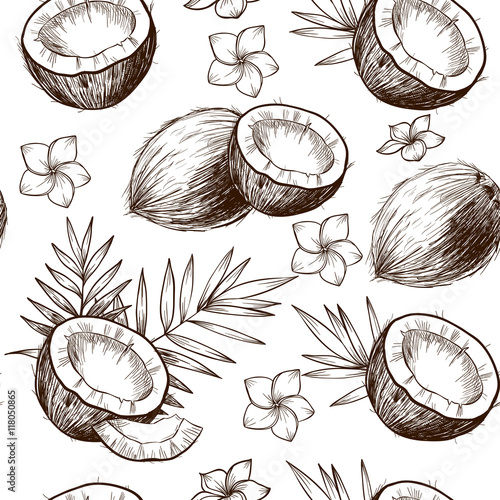 Obraz na płótnie Coconuts, tropical leaves and flowers. Vector seamless pattern