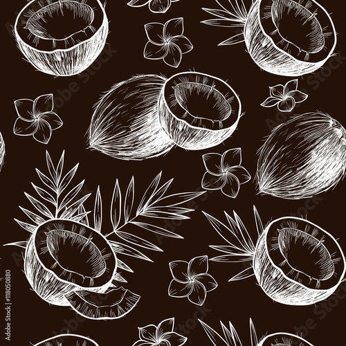 Coconuts, tropical leaves and flowers. Vector seamless pattern