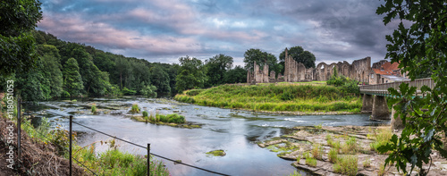 Panoramic of River Wear and Finchale Priory, as it flows past the medieval ruin, in County Durham photo