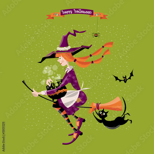 Little witch on a broom with a cauldron and a cat. Happy halloween.