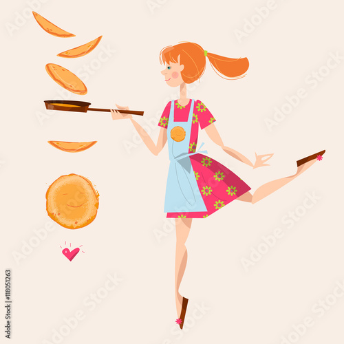 Girl tosses pancakes on a frying pan. Happy Pancake Day!