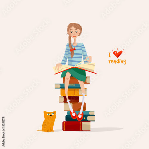 A girl reads a book sitting on a stack of books. Literacy Day.
