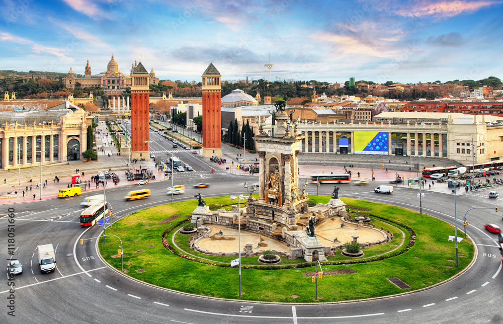 Naklejka premium Barcelona, Espana square with MNAC, Spain