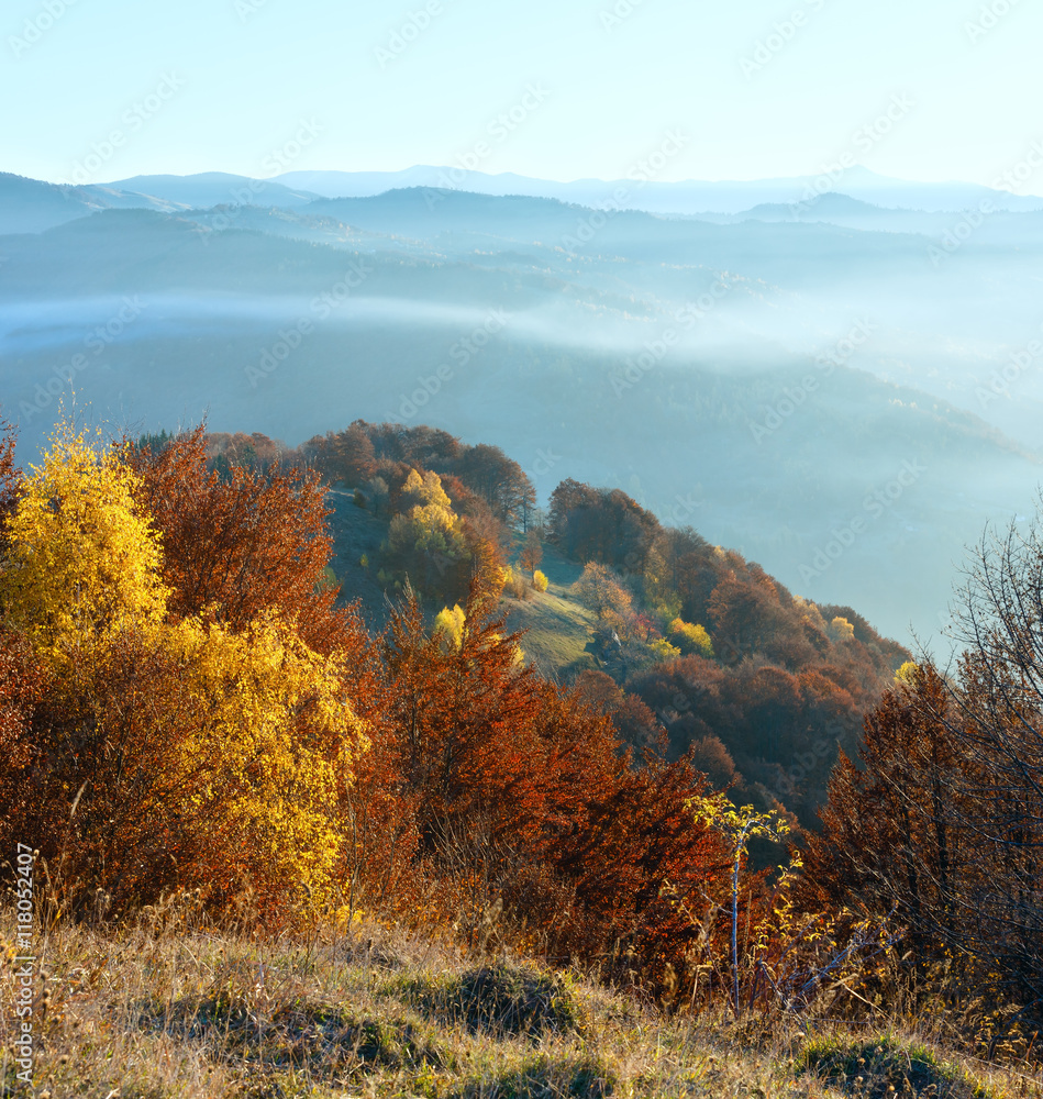 Morning fog in autumn Carpathian.