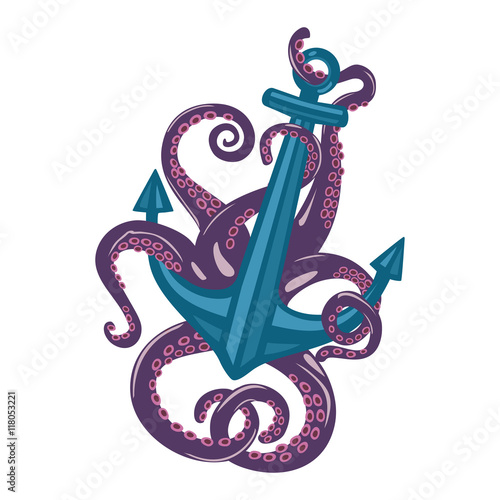 Violet cartoon octopus with curvy arms and suction cups around sea anchor. Ocean cephalopod with feeding tentacles and nautical squid, underwater mollusk and spineless cuttlefish.