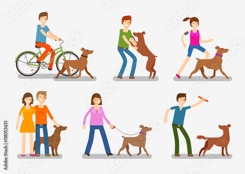 Dogs and people icons set. Pets, animals vector illustration