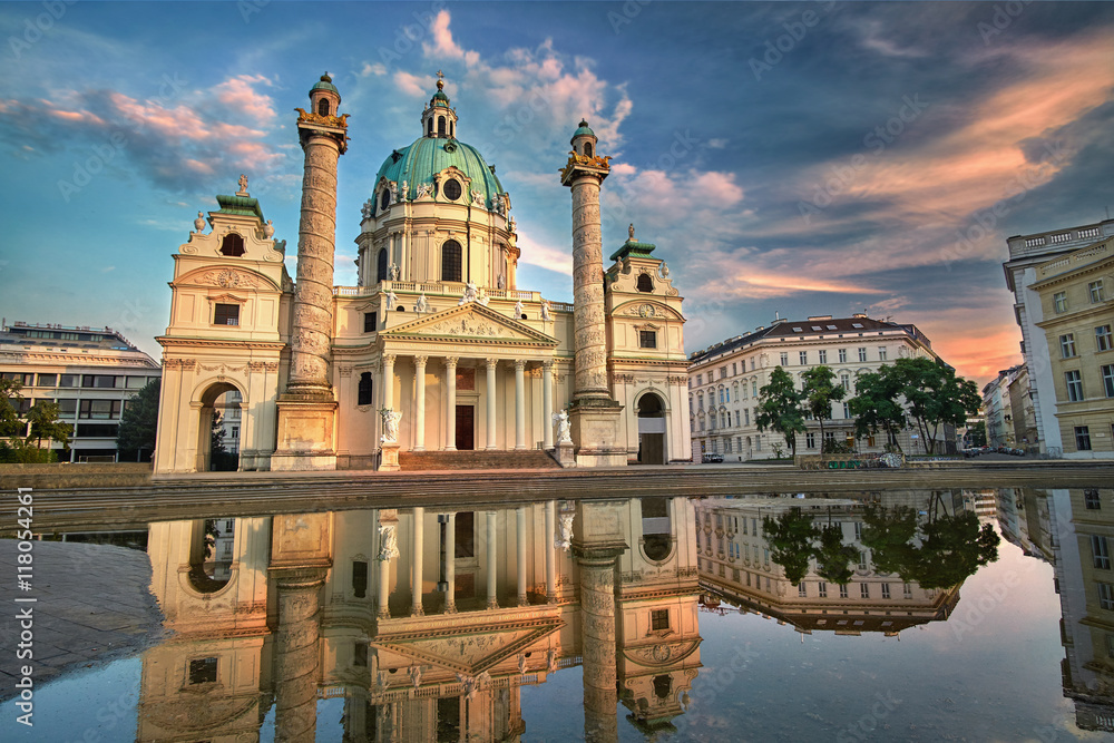 Karlskirche in Vienna, Austria at Sunset. St. Charles's Church