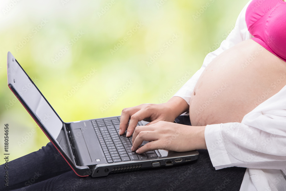 Naklejka premium Young pregnant woman using her laptop
