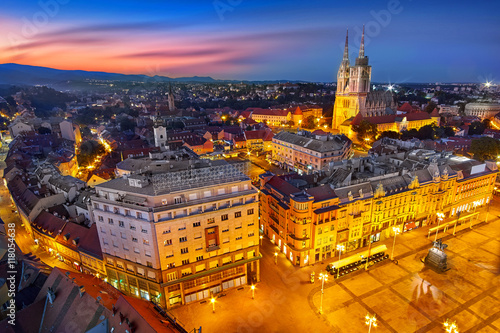 Zagreb Croatia at Sunset. View from above of Ban Jelacic Square photo